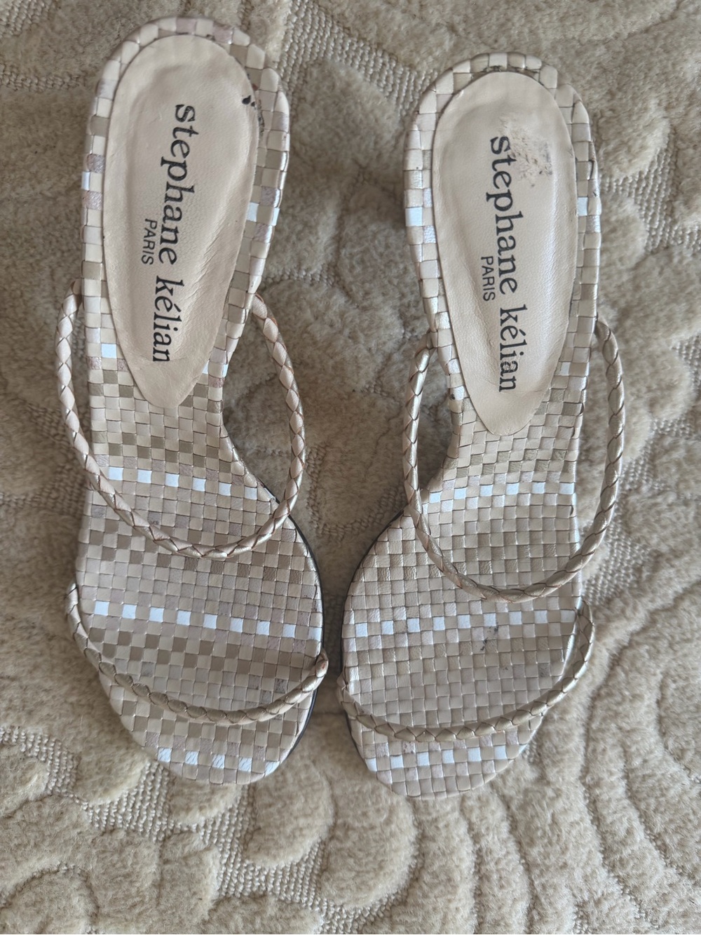 Stephane Kelian Paris Metallic Woven Strappy Sandals cream &silver 9 EUC ARCHIVE